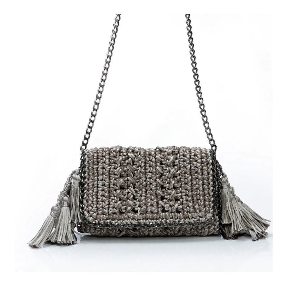 Catarina Mina Mira Handbag in Argenta Gris Crochet Pewter Silver Satin Threads